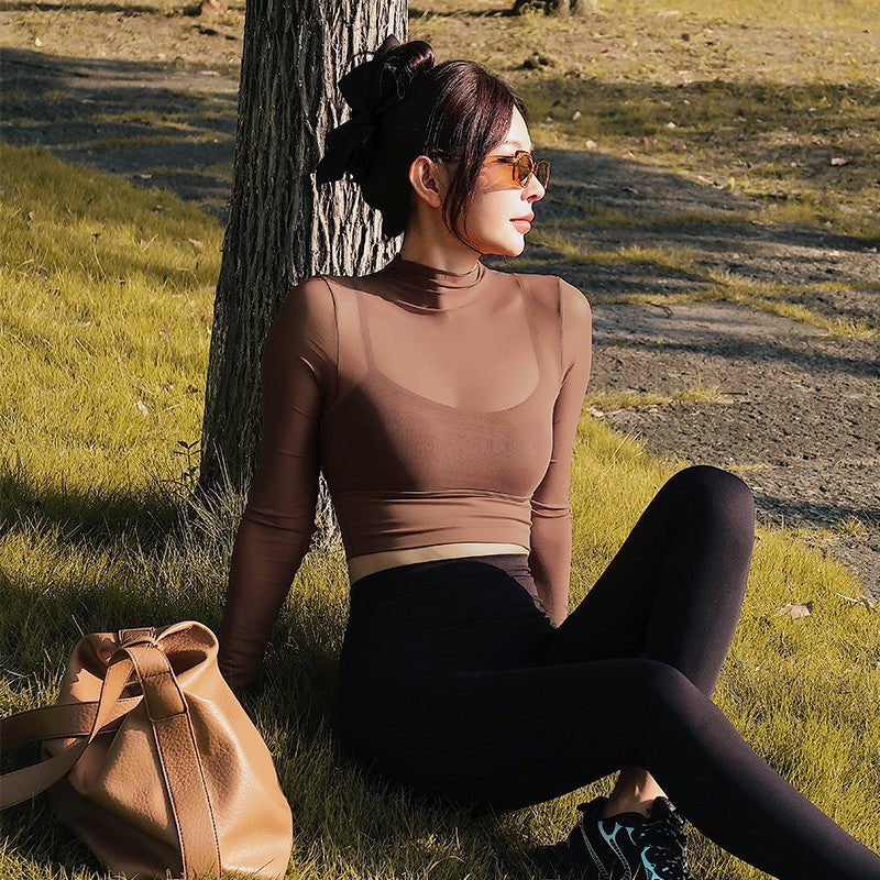 Fixed Chest Mesh Long Sleeve Top