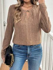 Cutout Round Neck Long Sleeve Camel Shirt