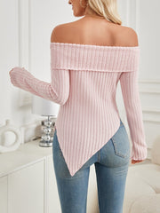 Ribbed Asymmetrical Hem Off-Shoulder Long Sleeve Top