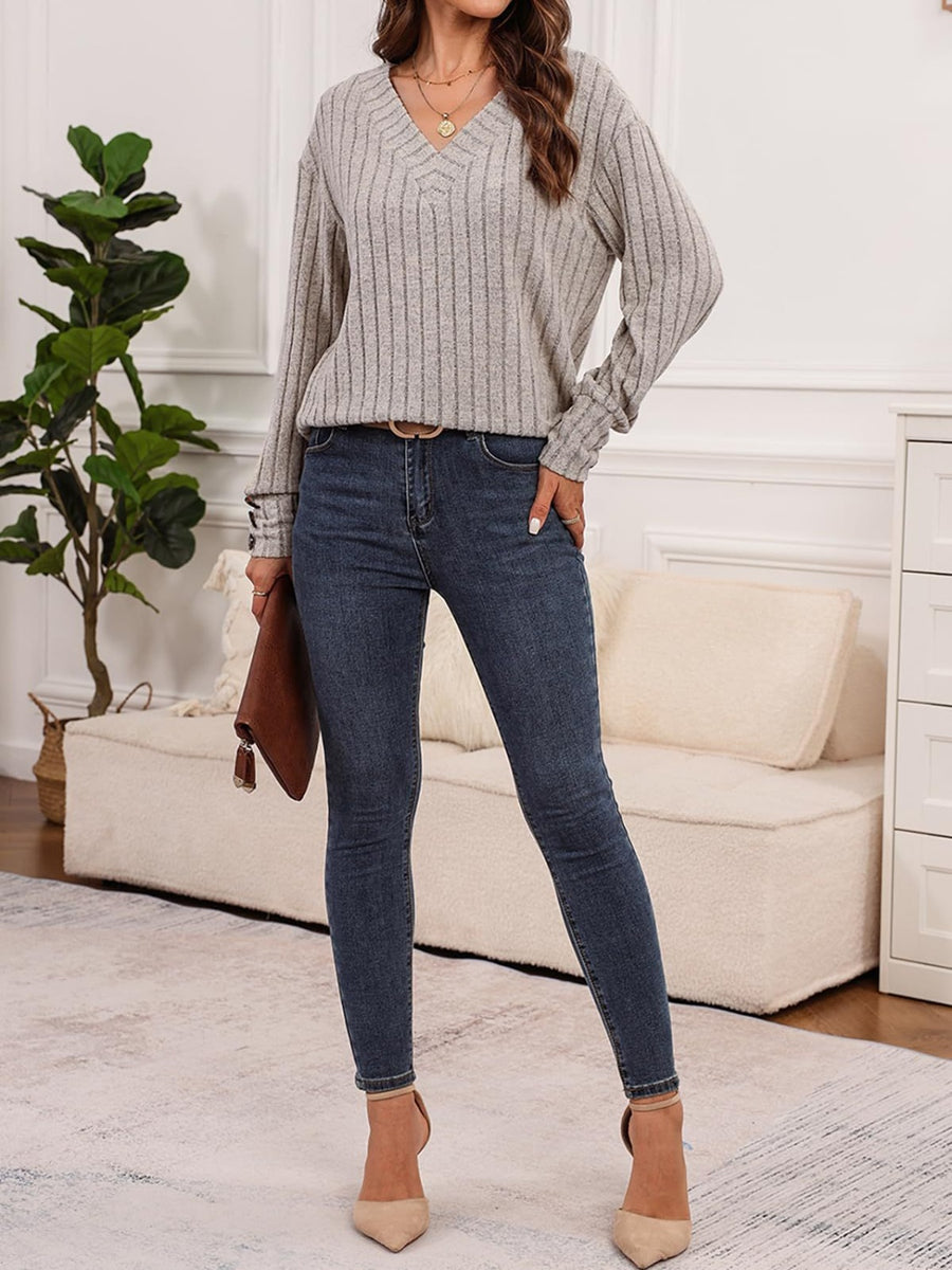 Ribbed V-Neck Long Sleeve Shirt