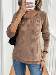 Cutout Round Neck Long Sleeve Camel Shirt