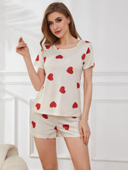 Heart Round Neck Top & Shorts Lounge Set