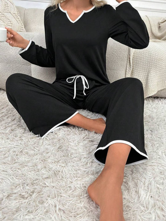 Contrast Trim Notched Long Sleeve Top & Pants Lounge Set