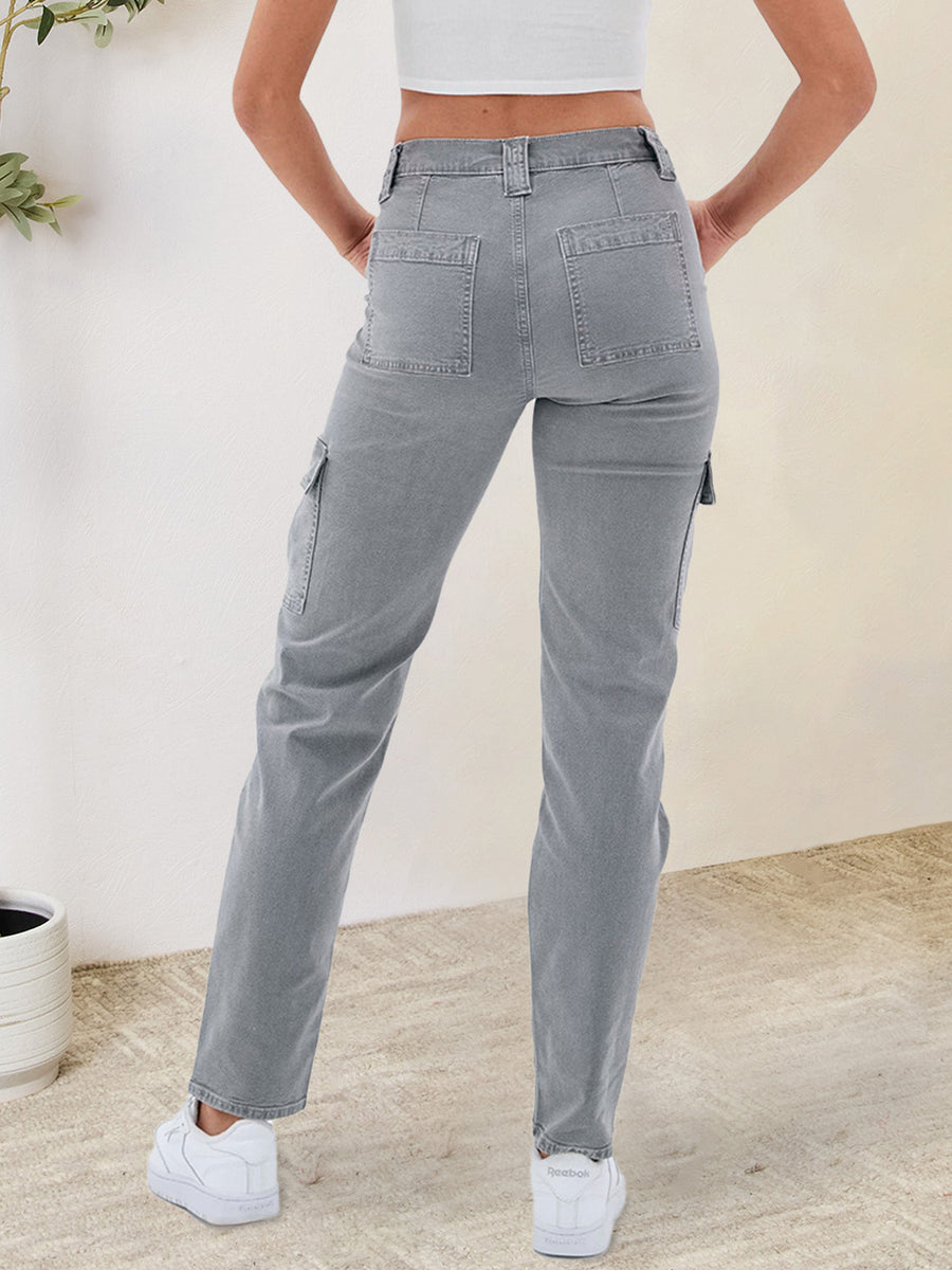 Buttoned Straight Jeans Cargo Pockets