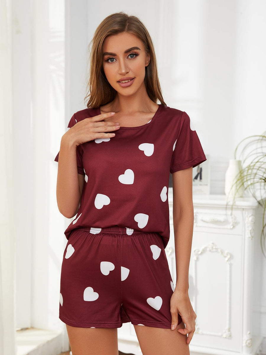 Heart Round Neck Top & Shorts Lounge Set