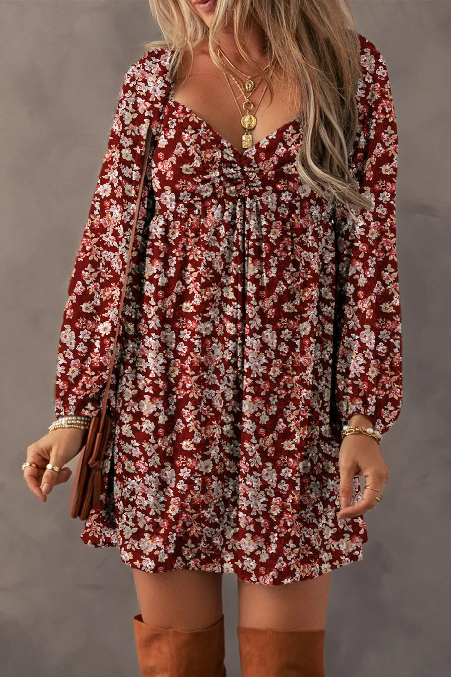 Ruched Printed Long Sleeve Mini Dress