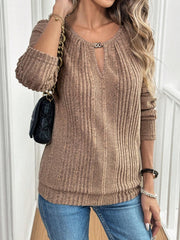 Cutout Round Neck Long Sleeve Camel Shirt