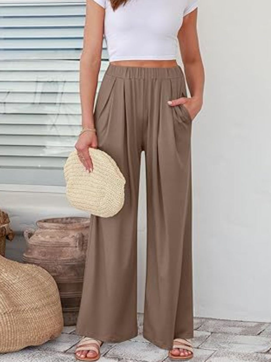 Elastic Pocketed Waist Wide Leg Pants