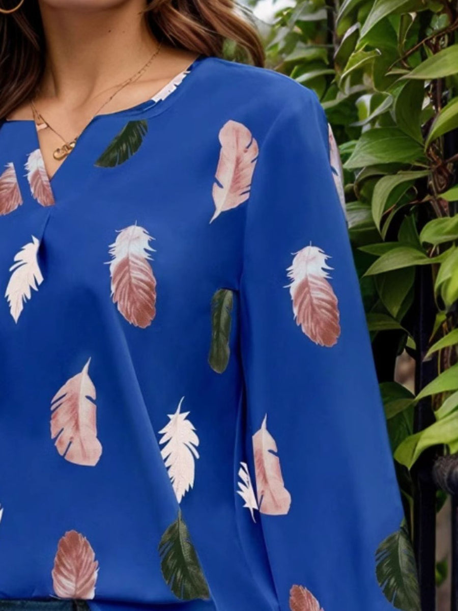 Feather Print Notched Balloon Sleeve Top