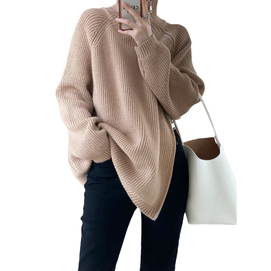 Zip-Up Blended Raglan Sleeve Sweater