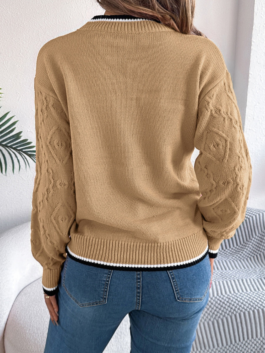 Black Trim Round Neck Long Sleeve Sweater