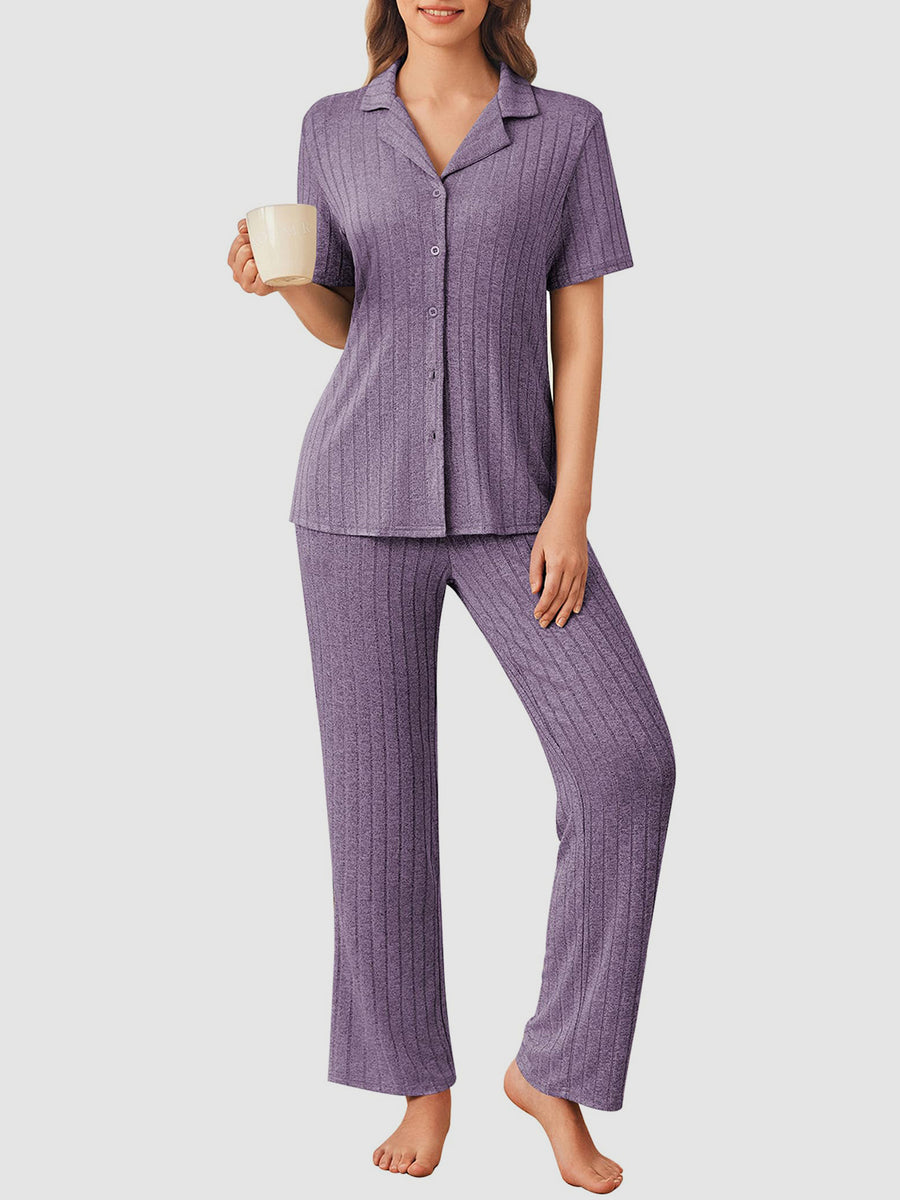 Button Down Ribbed Top & Pants Lounge Set