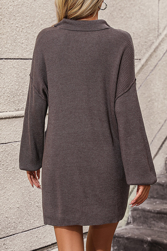 Buttoned Collared Neck Long Sleeve Sweater Dress