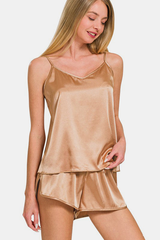 Zenana V-Neck Satin Cami & Elastic Waist Shorts Lounge Set
