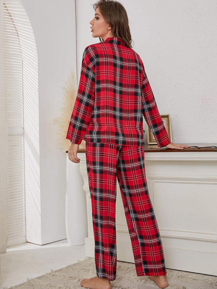 Plaid Collared Neck Long Sleeve Top & Pants Lounge Set