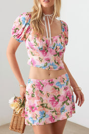 Le Lis Floral Puff Sleeve Crop Top & Mini Skirt Set