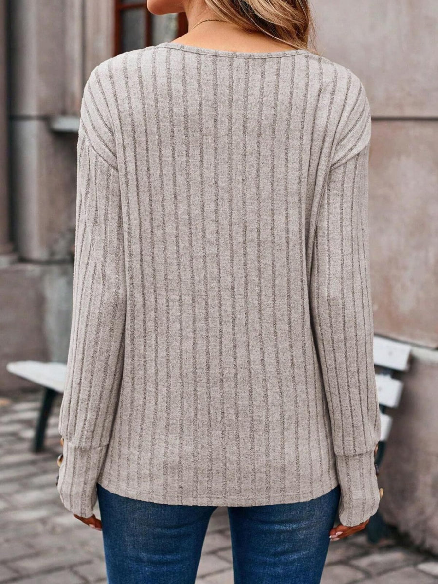 Ribbed V-Neck Long Sleeve Shirt