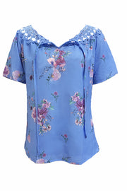 Full Size Printed Tie Neck Short Sleeve Blouse