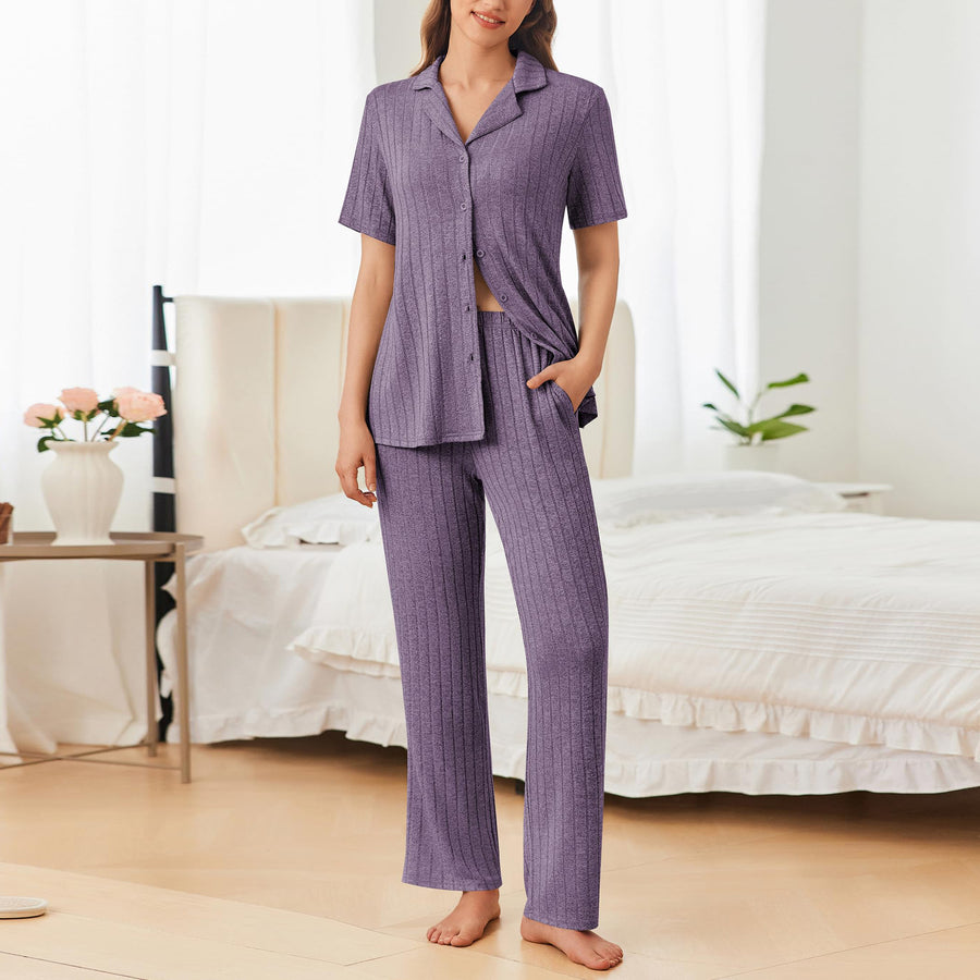 Button Down Ribbed Top & Pants Lounge Set