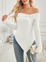 Ribbed Asymmetrical Hem Off-Shoulder Long Sleeve Top