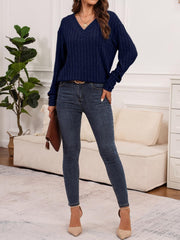 Ribbed V-Neck Long Sleeve Shirt