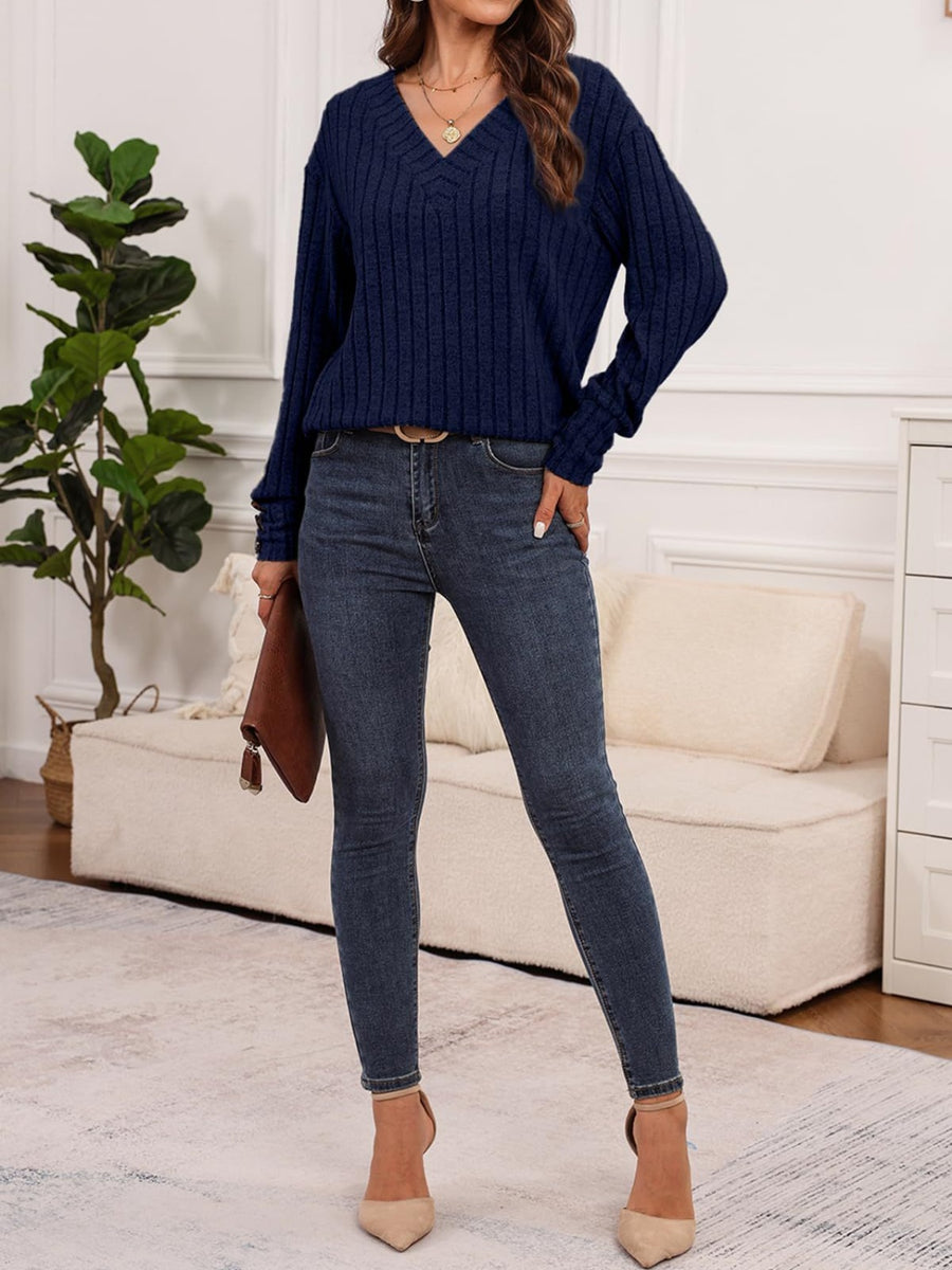 Ribbed V-Neck Long Sleeve Shirt