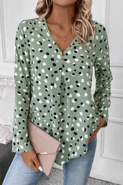 Spot Printed V-Neck Long Sleeve Blouse