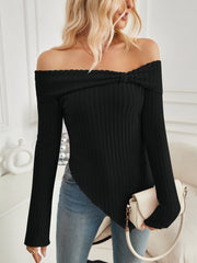 Ribbed Asymmetrical Hem Off-Shoulder Long Sleeve Top