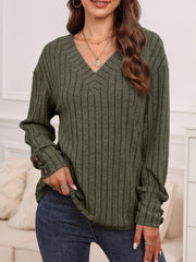 Ribbed V-Neck Long Sleeve Shirt