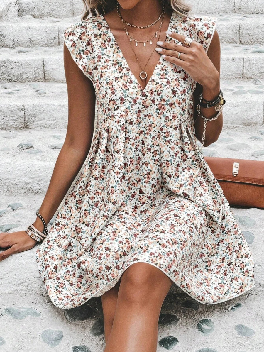 Printed V-Neck Cap Sleeve Mini Dress