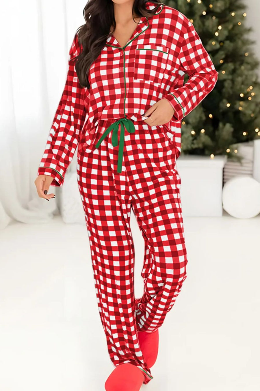 Contrast Piping Plaid Top & Pants Lounge Set