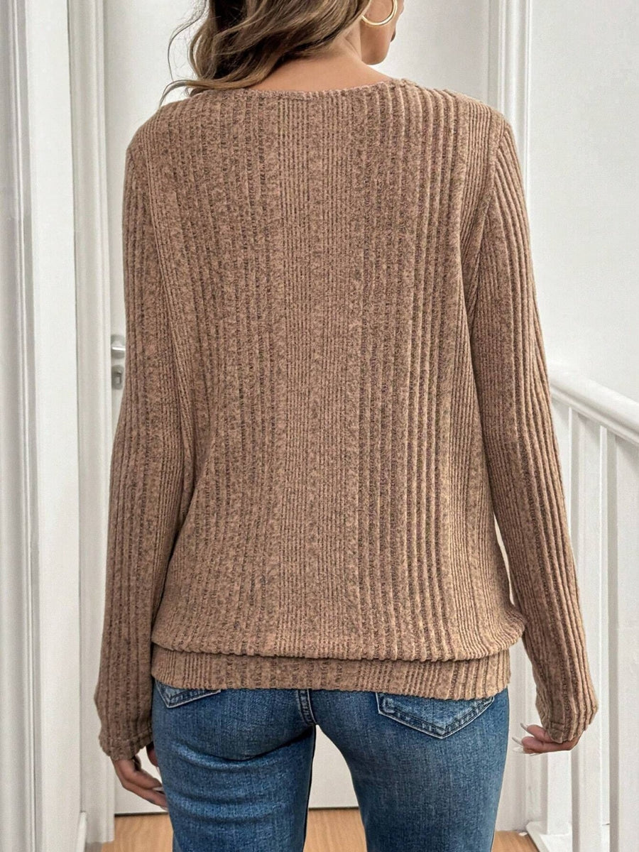 Cutout Round Neck Long Sleeve Camel Shirt