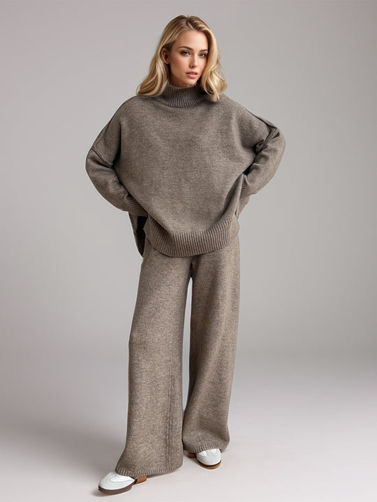 Slit Turtleneck Long Sleeve Top & Pants Sweater Set