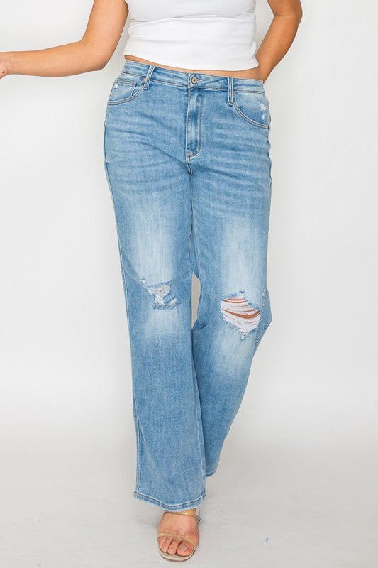 Full Size Distressed High Rise Straight Jeans