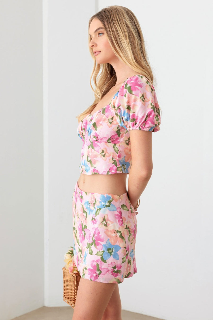 Le Lis Floral Puff Sleeve Crop Top & Mini Skirt Set