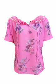 Full Size Printed Tie Neck Short Sleeve Blouse