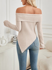 Ribbed Asymmetrical Hem Off-Shoulder Long Sleeve Top