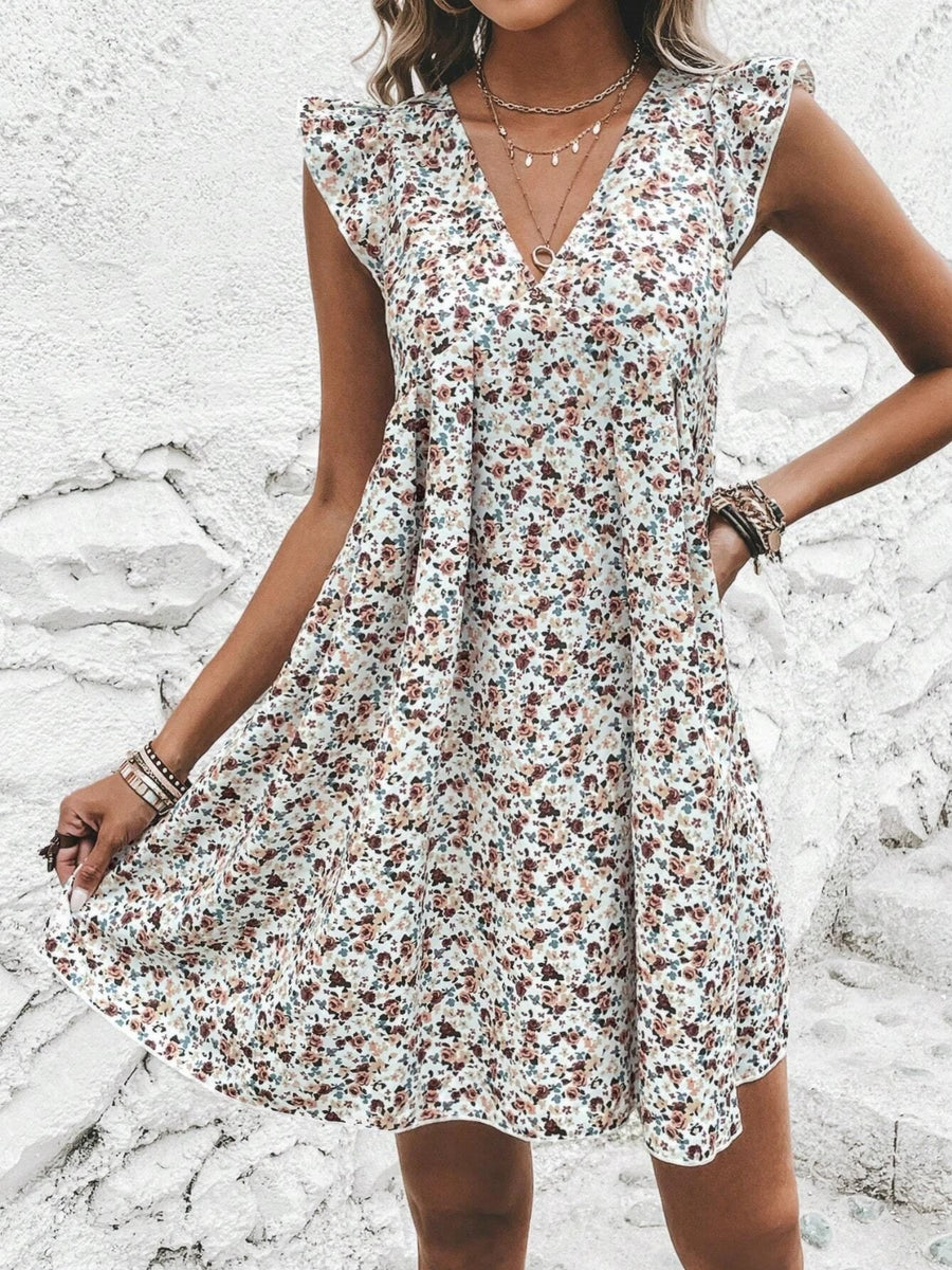 Printed V-Neck Cap Sleeve Mini Dress