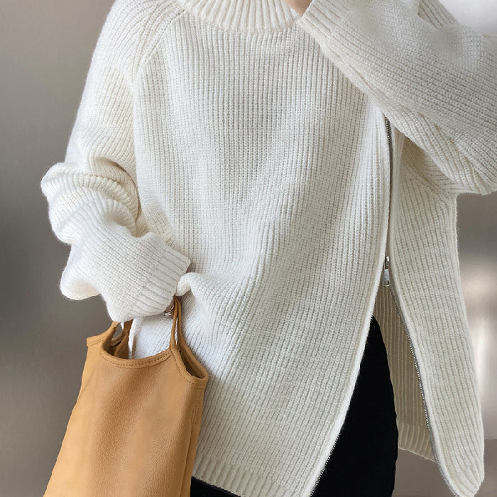 Zip-Up Blended Raglan Sleeve Sweater