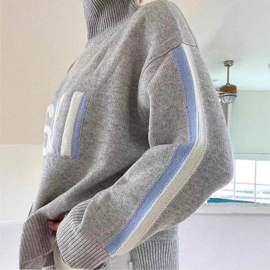 High Neck Ski Print Sleeve Stripe Sweater