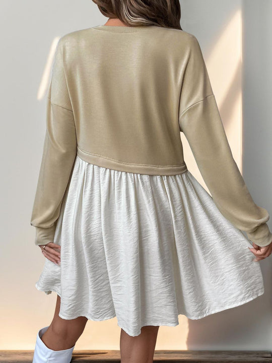 Perfee Contrast Ruched Long Sleeve Mini Dress