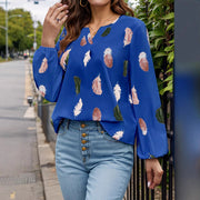 Feather Print Notched Balloon Sleeve Top