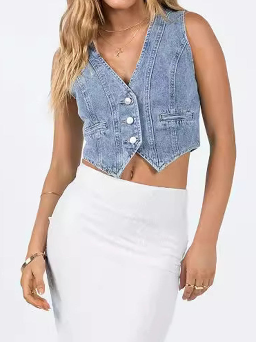 Button-Up Sleeveless Denim Top