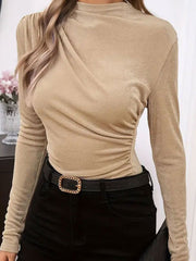 Ruched Mock Neck Slim Fit Long Sleeve Shirt