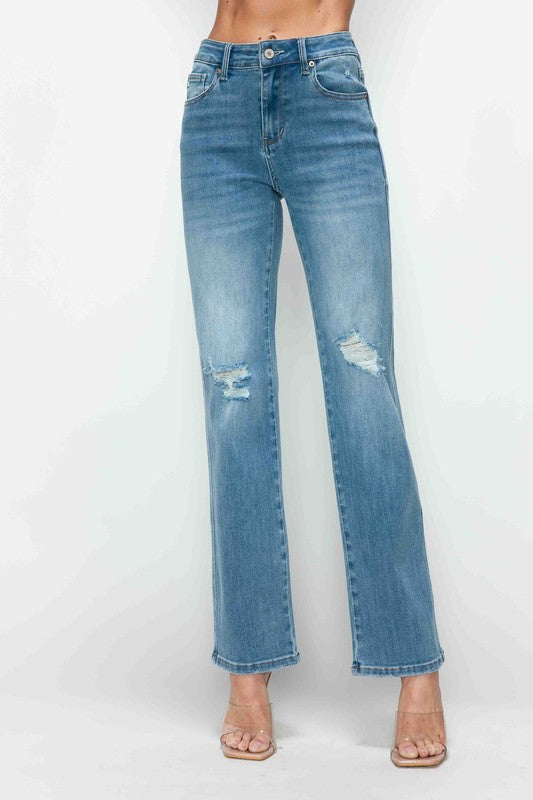 Full Size Distressed High Rise Straight Jeans