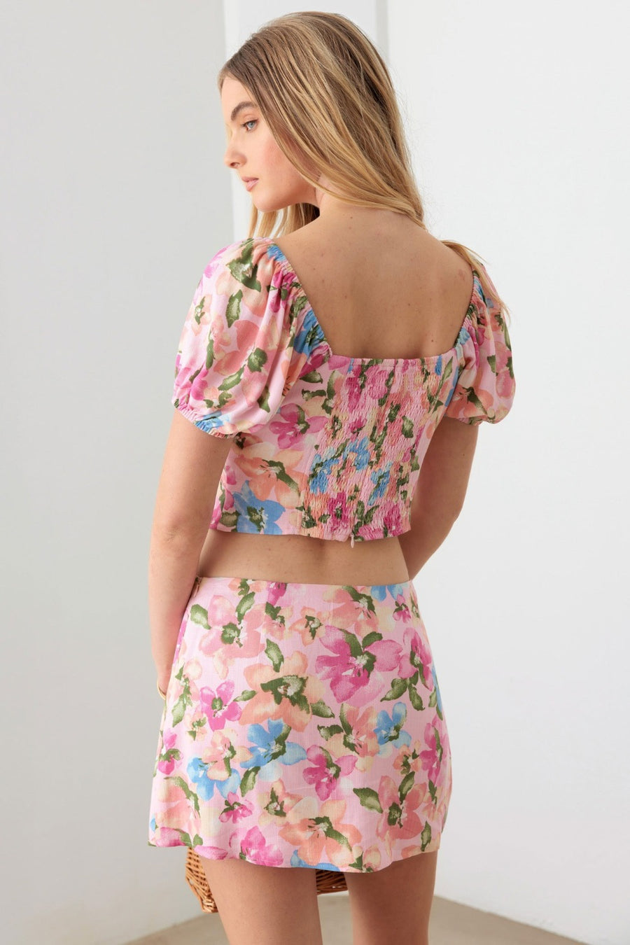 Le Lis Floral Puff Sleeve Crop Top & Mini Skirt Set