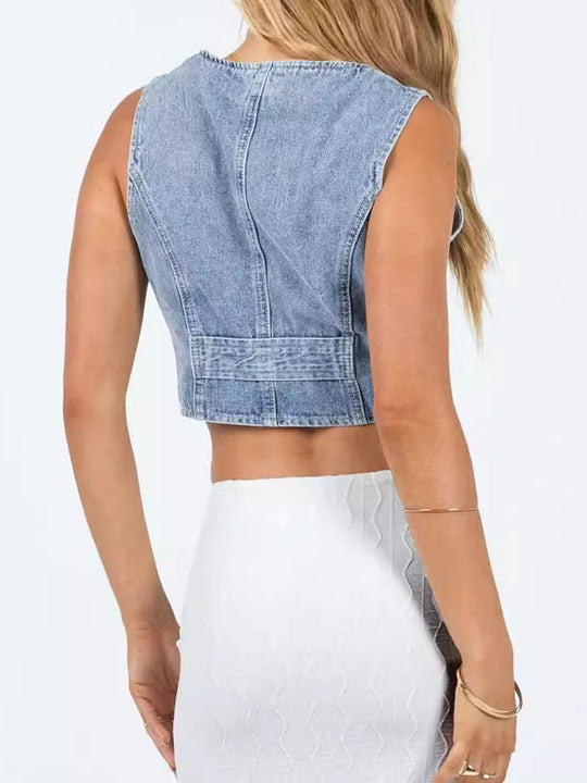 Button-Up Sleeveless Denim Top