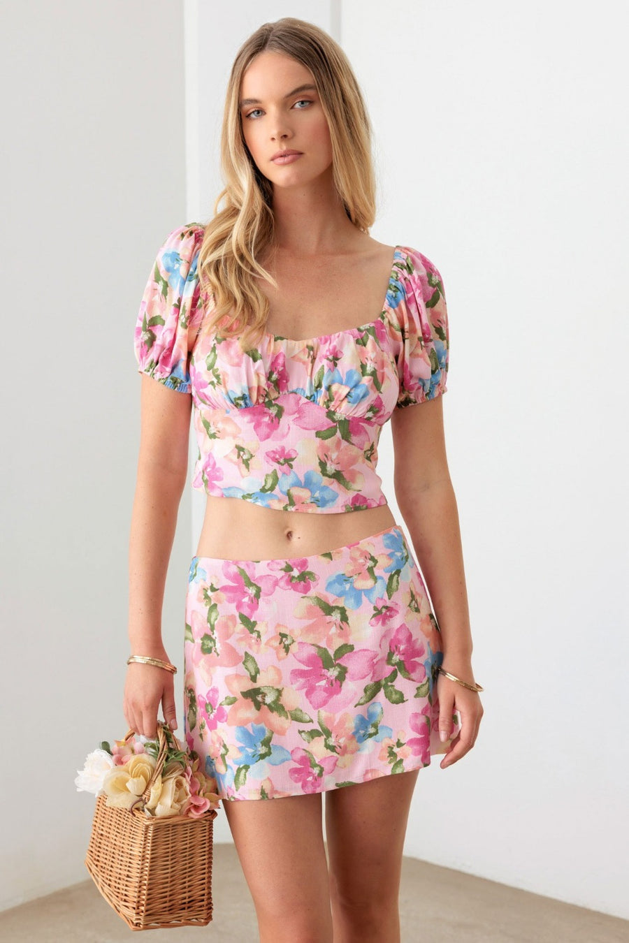 Le Lis Floral Puff Sleeve Crop Top & Mini Skirt Set