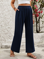 Elastic Pocketed Waist Wide Leg Pants