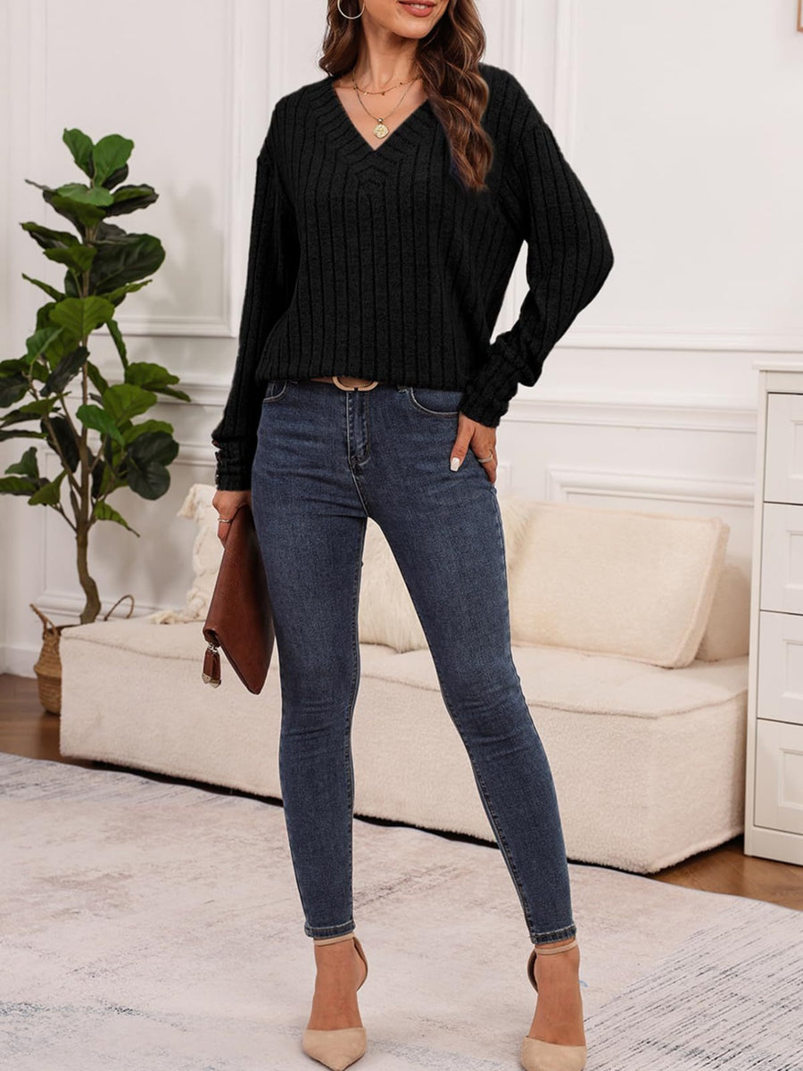 Ribbed V-Neck Long Sleeve Shirt